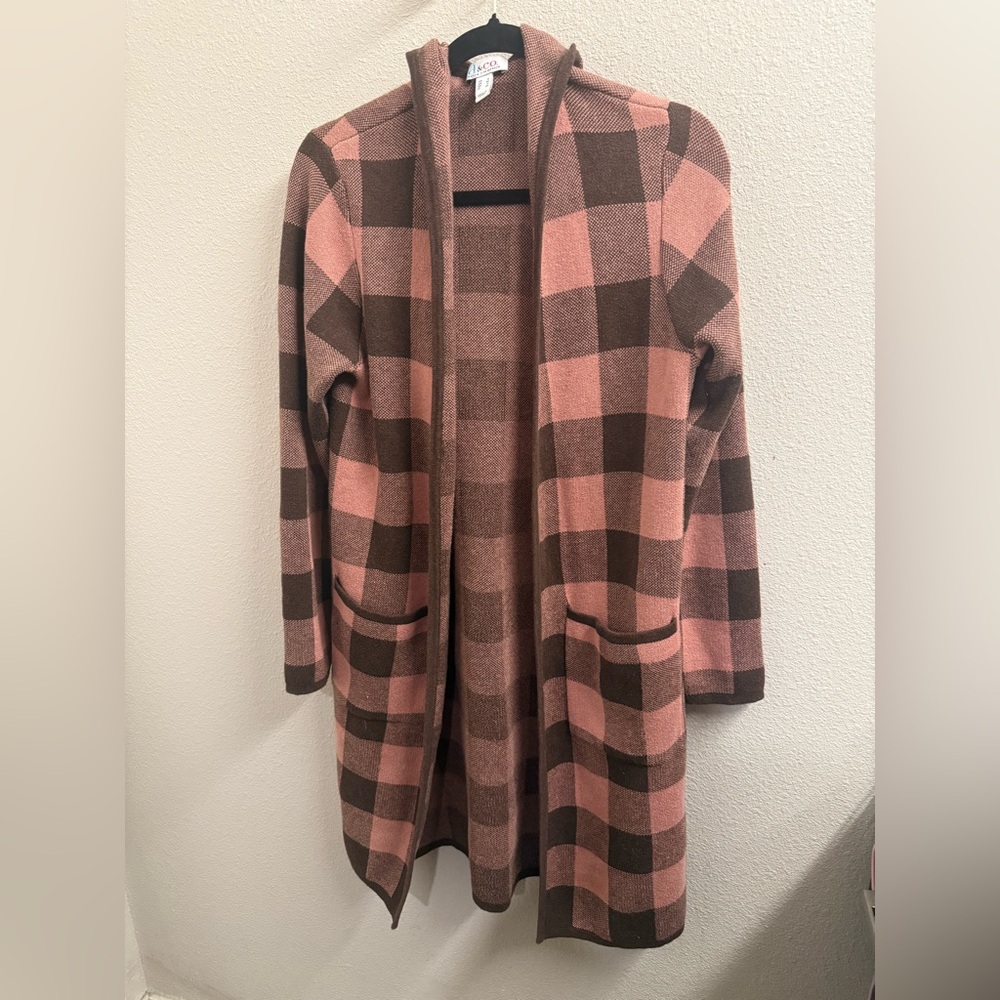 Denim&Co Pink and Brown Plaid Women’s Sweater Cardigan